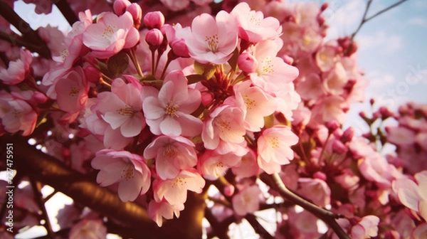 Obraz Beautiful spring time cherry blossom close up with blurred background, blue sky in the back