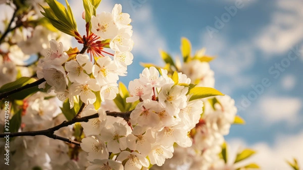 Obraz Beautiful spring time cherry blossom close up with blurred background, blue sky in the back