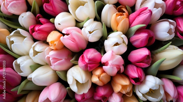 Obraz Beautiful floral background. Top view of many tulips in pink, white, yellow, mothers day flowers