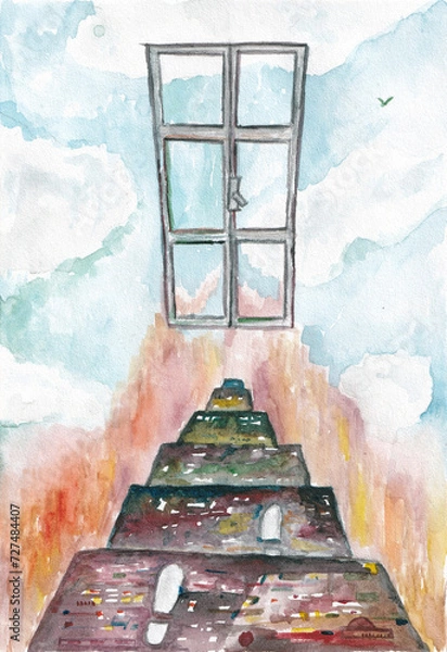 Fototapeta Watercolor sketch in abstract style. Landscape with window frame and staircase in blue sky. A metaphorical card for associative work with a psychologist