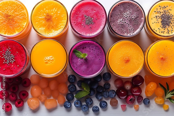Fototapeta A colorful assortment of fresh fruits blended into a delicious and nutritious smoothie, bursting with flavor and vitality.