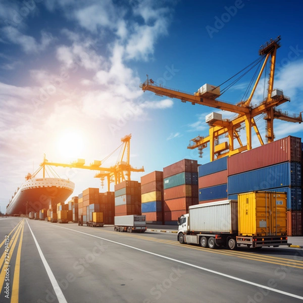 Fototapeta Cargo containers stacked neatly on a bustling port, with a freight ship ready for loading, surrounded by cranes and trucks in a busy scene of industrial shipping and logistics
