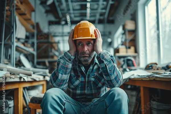 Obraz A building contractor sits frustrated at his workplace because the order situation is so bad