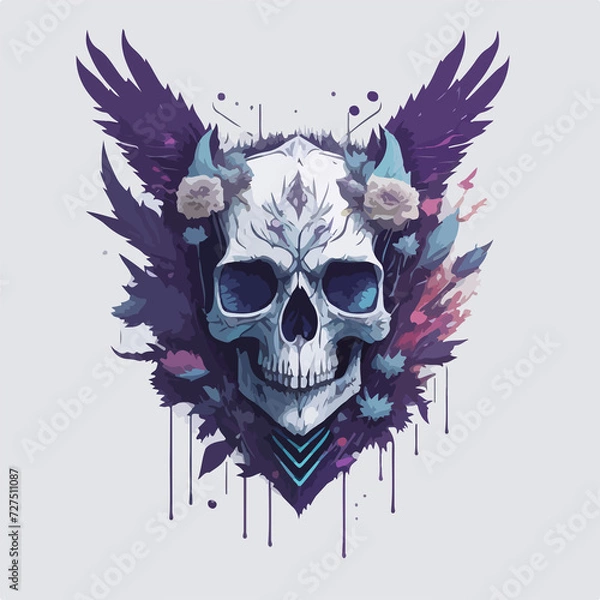 Fototapeta Colorful feathers add a pop of color to this intricately designed skull art piece.
