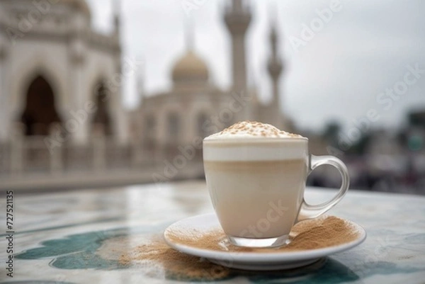 Fototapeta Creamy cappuccino in front of a mosque. Generative AI