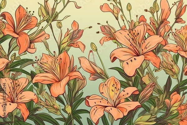 Fototapeta continuous backdrop featuring illustrated alstroemeria blooms. Generative AI