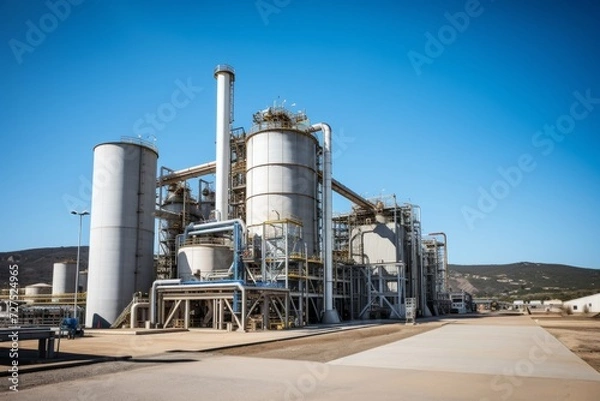 Fototapeta A panoramic view of a bustling pelletizing plant with towering silos, conveyor belts, and a backdrop of a clear blue sky