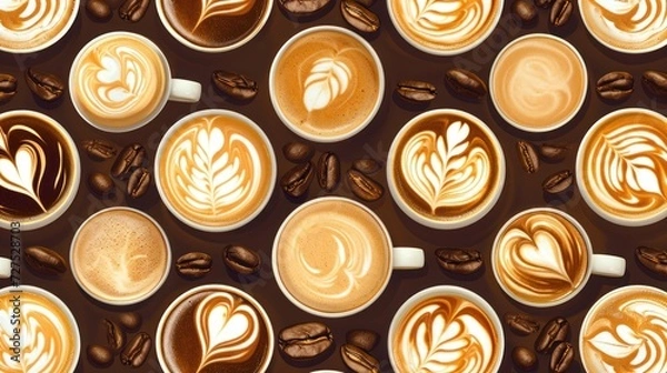 Fototapeta Collection of typical latte coffee art patterns .