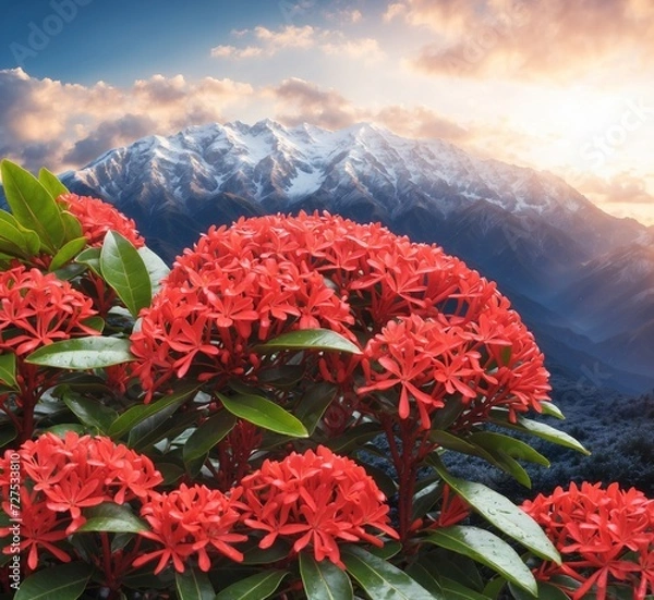 Obraz Red Ixora flowers in the Himalayas, Nepal, and Asia