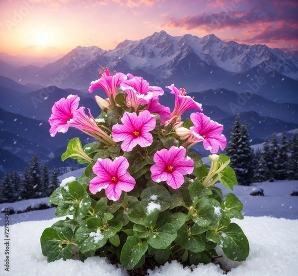 Obraz Pink flowers in the snow with mountains in the background at sunset.