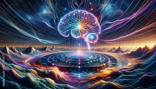 Obraz Psychedelic Neural Network: Vibrant landscape of interconnected neurons and flowing waves of psychic energy.
