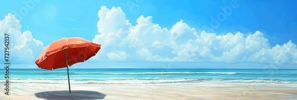 Fototapeta Colorful umbrella on empty sandy beach with the ocean and cloudy blue skies