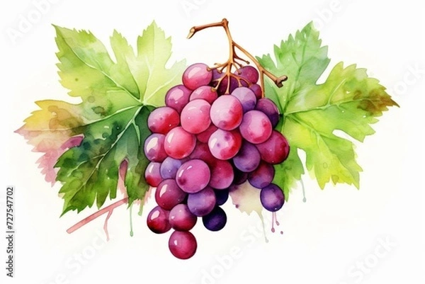 Fototapeta Illustration of grape and muscat in watercolor with leaf elements. Generative AI