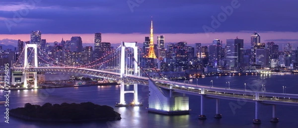 Obraz widok na zatokę Tokio, Rainbow Bridge i wieżę Tokyo Tower