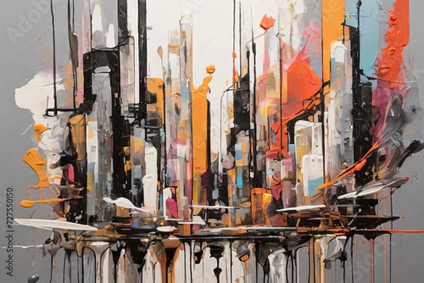 Fototapeta Vertical city abstraction. Gray and white brush strokes meet vibrant splashes, creating an abstract urban masterpiece. Elevate your projects with this dynamic cityscape. 