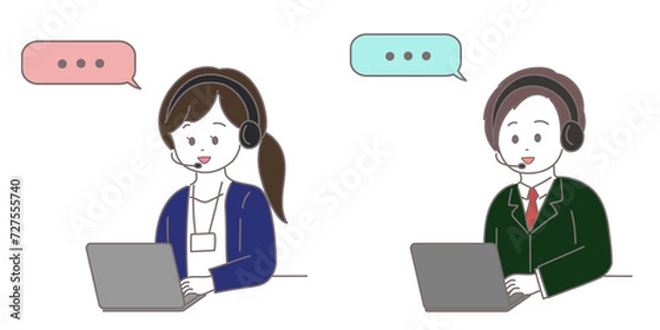 Fototapeta 2人の男女のオペレーターが パソコンを見ながらインカムで話しているイラスト