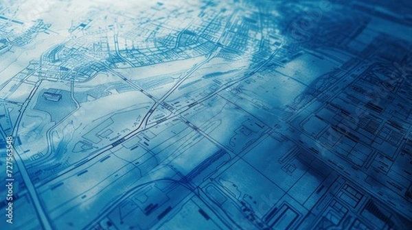 Fototapeta A Hand-Drawn Route on a Blueprint Map, Blending Artistry with Precision to Navigate the Pathways of Exploration.