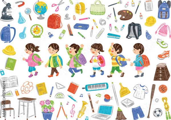 Obraz ランドセルを背負う小学生　学校生活の文房具や道具　イラストセット