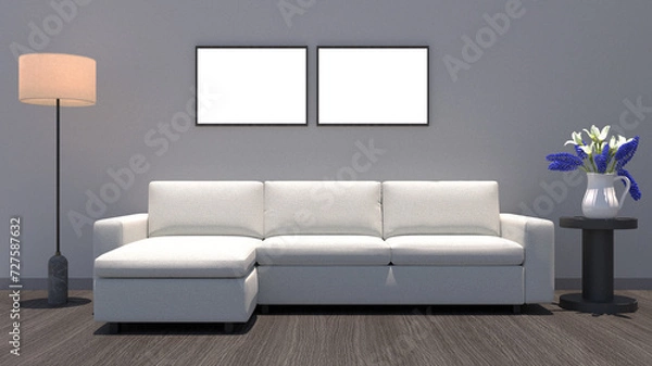 Fototapeta Modern beige fabric sofa with wall photo mockup frame background and room lamp. High quality images resulting from 3D rendering.