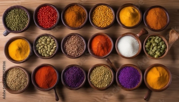 Fototapeta A wooden table with various spices in bowls