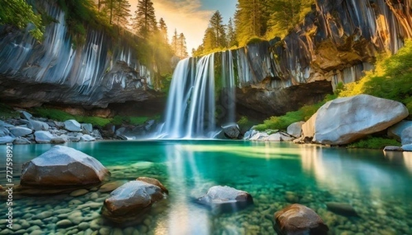 Fototapeta The beauty of a clean waterfall flowing down a mountain cliff in the morning. Natural springs in beautiful nature