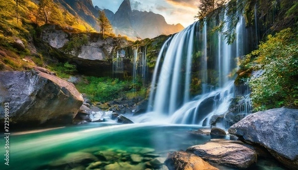 Fototapeta The beauty of a clean waterfall flowing down a mountain cliff in the morning. Natural springs in beautiful nature