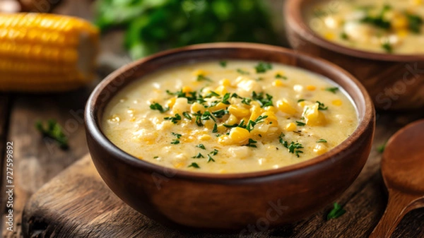 Fototapeta creamy corn chowder soup with parsley in wooden bowl