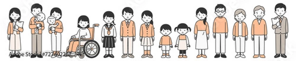 Fototapeta 様々な世代の大人、子供の人物イラスト素材