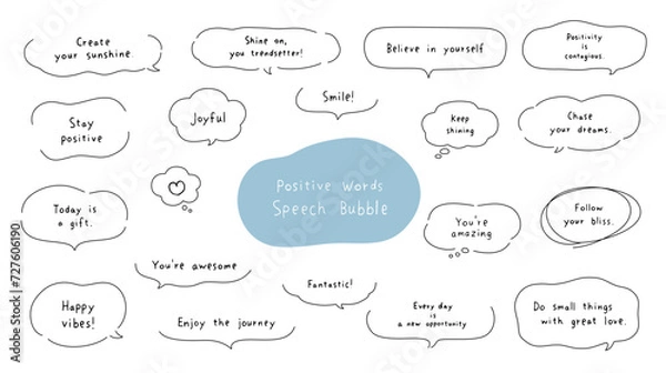 Fototapeta ポジティブなメッセージと手描きのシンプルな吹き出し素材のセット