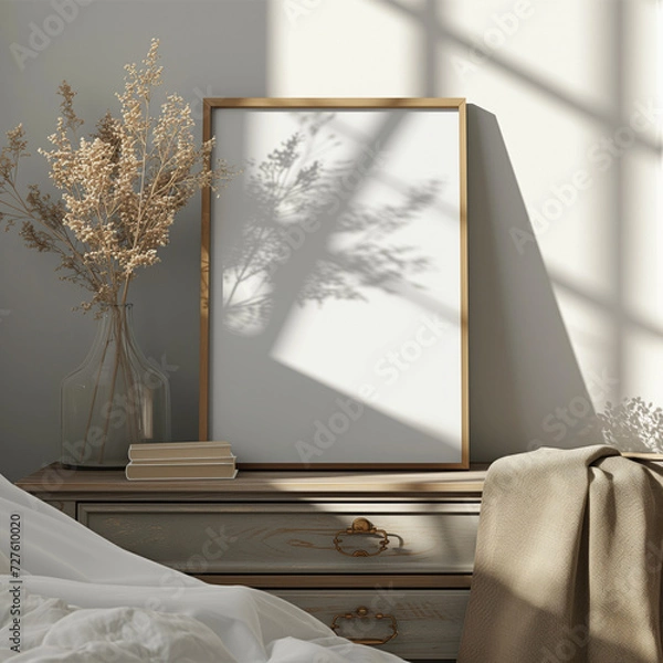 Fototapeta thin a4-sized frame mockup against a bedroom wall
