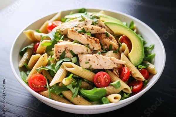Fototapeta Salad with Chicken, Pasta, Avocado, Tomato and olive oil. recipe for cooking a healthy nutritious