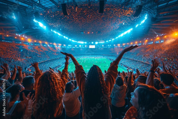 Obraz Crowd of sports fans cheering during a match in stadium. Excited people standing with their arms raised, clapping, and yelling to encourage their team to win.