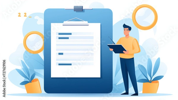 Obraz タスクチェックリスト、やることリストのチェックマーク付きクリップボード、仕事の完了、達成、調査やアンケートのコンセプトを追跡するタスク管理、鉛筆とチェックリストのクリップボードを持つビジネスマン。