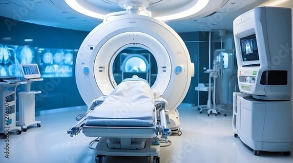 Fototapeta An advanced MRI or CT medical diagnostic device in a hospital laboratory, comprising several connected devices. Generative AI
