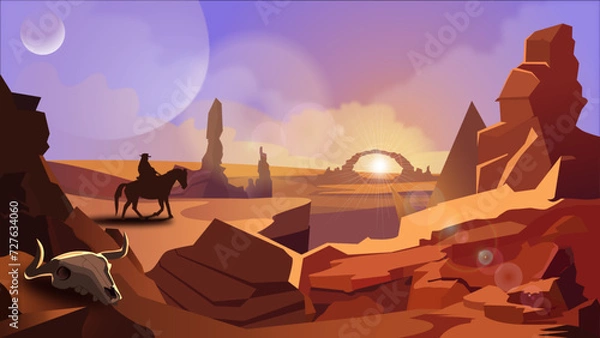 Obraz Western. A cowboy rides through the desert on a horse against the background of sunset. Vector.