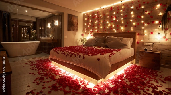 Fototapeta A bed with rose petals on it. Romantic setting.