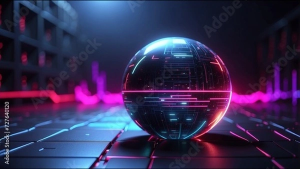 Fototapeta Illustration of the Abstract concept of a sci-fi metallic sphere cyborg robot on a sci-fi background