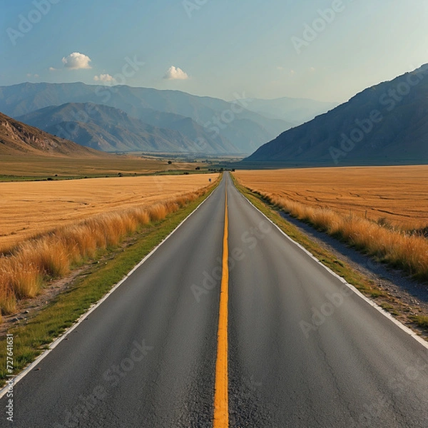 Fototapeta The road leads into the countryside. On the side of the road there is grass. In front there are mountains and sky. Generative Ai  illustration
