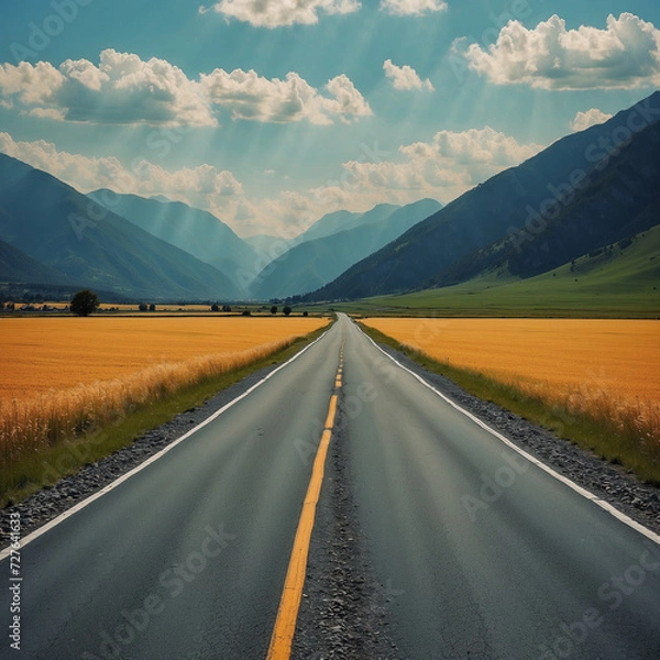 Fototapeta The road leads into the countryside. On the side of the road there is grass. In front there are mountains and sky. Generative Ai  illustration