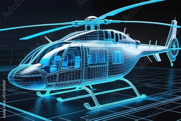 Fototapeta blue Hologram wireframe of Helicopter Future Concept Simulation and connect technology.ai generated