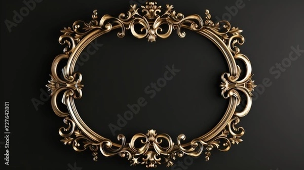 Fototapeta Vintage Gold picture frame on a black background. Classic antique oval golden picture frame 