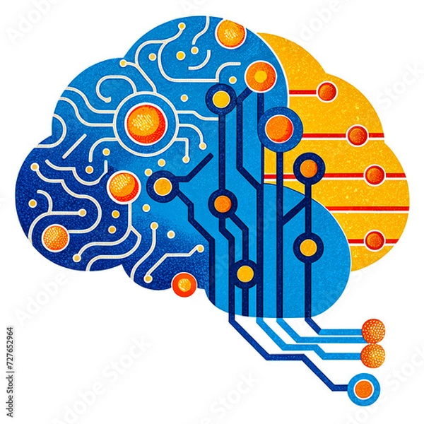 Fototapeta Cloud computing technology. Digital brain with circuit board.  illustration.