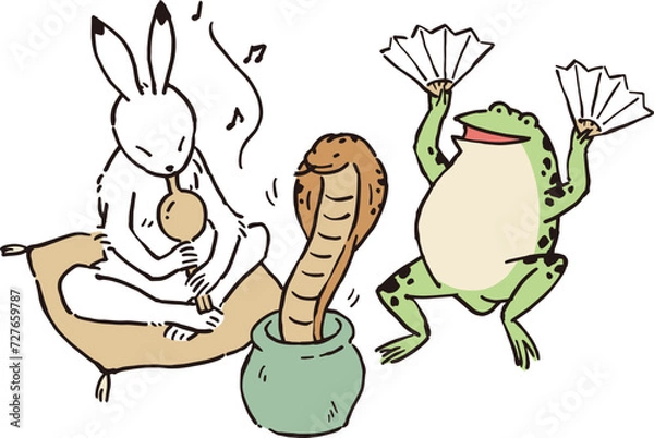Fototapeta 鳥獣戯画　うさぎが蛇使いになってカエルと遊ぶイラストレーション