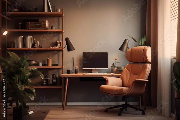 Fototapeta Home office interior with leather armchair, table with computer. Generative AI