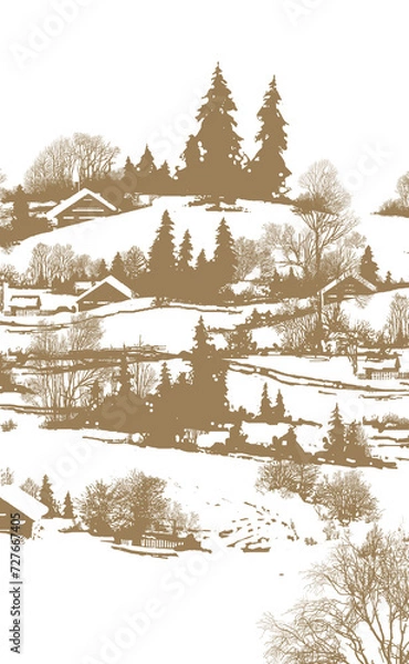 Obraz graphic drawing, composition: winter landscape with country cottages, trees and snow, illustration