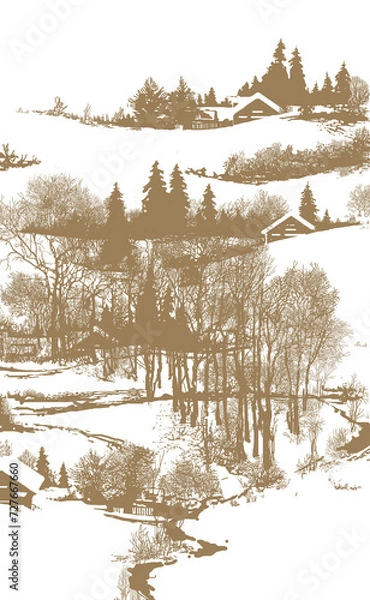 Obraz graphic drawing, composition: winter landscape with country cottages, trees and snow, illustration