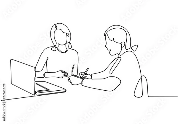 Fototapeta 
continuous line drawing of a woman explaining material on a laptop to a woman. Two teenagers are browsing a laptop looking for information online. vector illustration isolated on white background