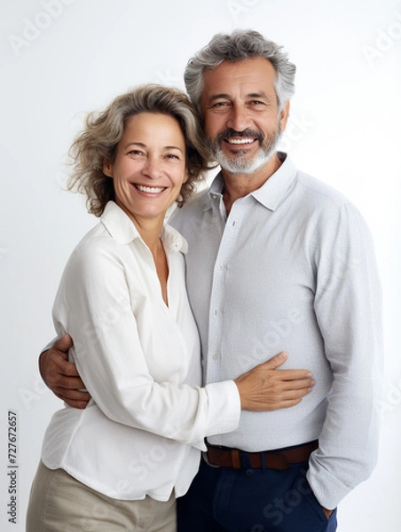 Fototapeta happy couple man and woman, aged 50, smiling, hugging, on white background, AI Generation