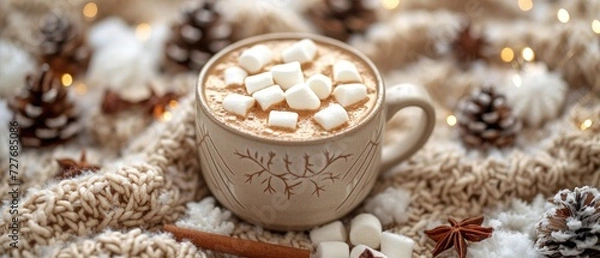 Fototapeta A cup of hot cocoa with marshmallows in a cozy winter setting, holiday theme, warm browns and whites