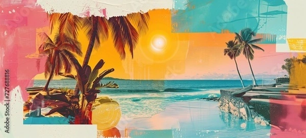 Fototapeta Artistic summer collage with palm trees and beach scenery in sunset hues, blending vintage charm with vibrant tropical colors and textures.